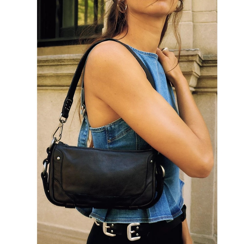 Free People We The Free Lillie Leather Shoulder Bag Black Baguette Y2K NWT